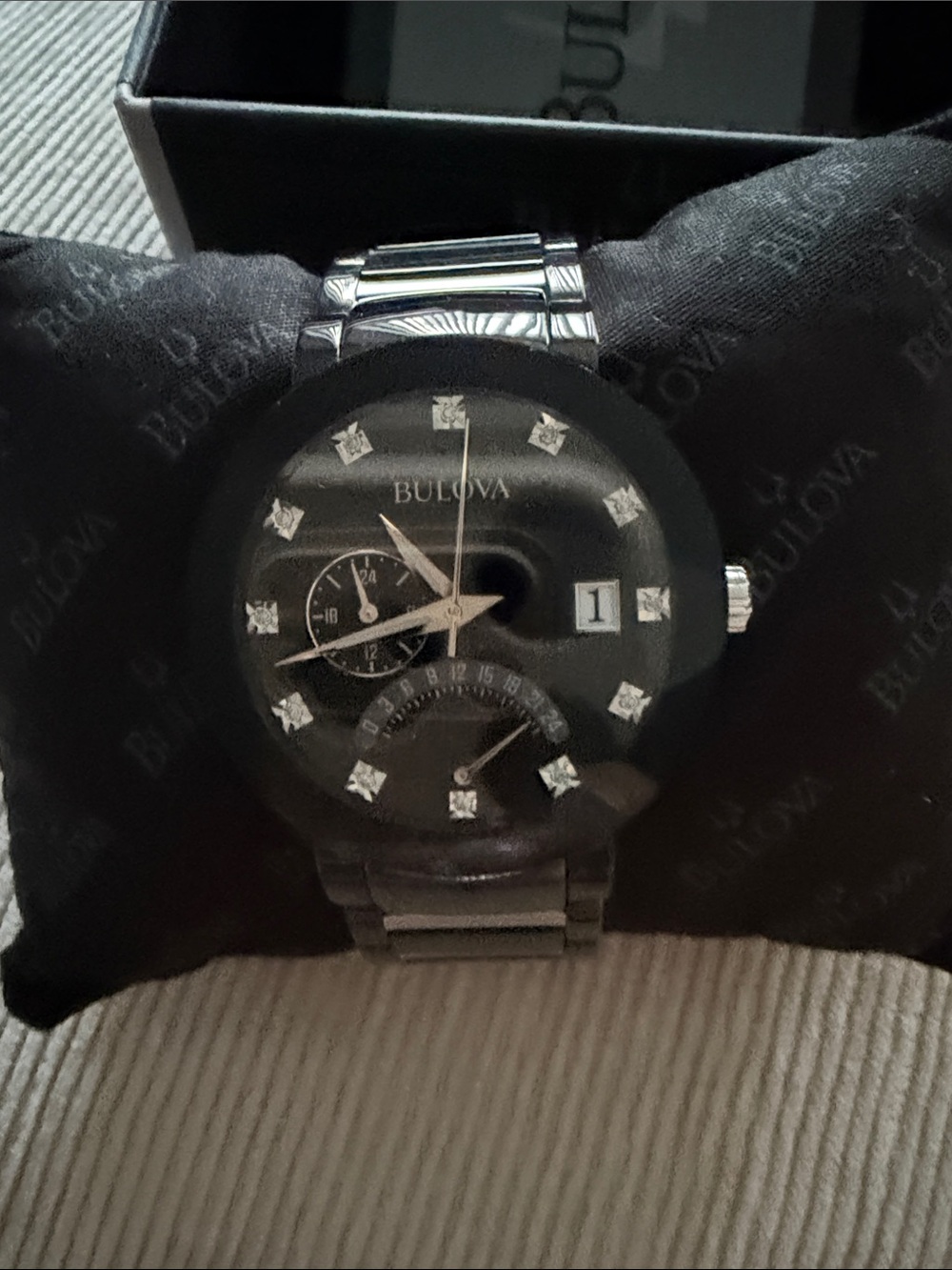 Bulova Men's Black and Silver Watch in Branded Box - Picture 2 of 3